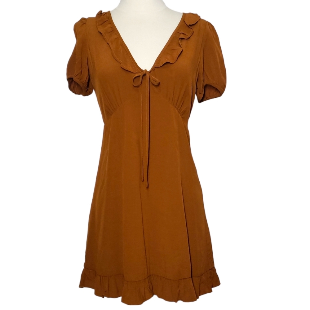 NWT Honey Punch V-Neck Mini Dress Ruffles Empire Waist Mustard Brown Size S